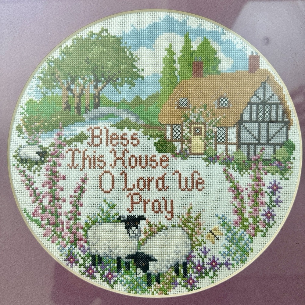 Vintage Bless This House Cross Stitch Art Framed 13x13 Inch Christian Prayer
